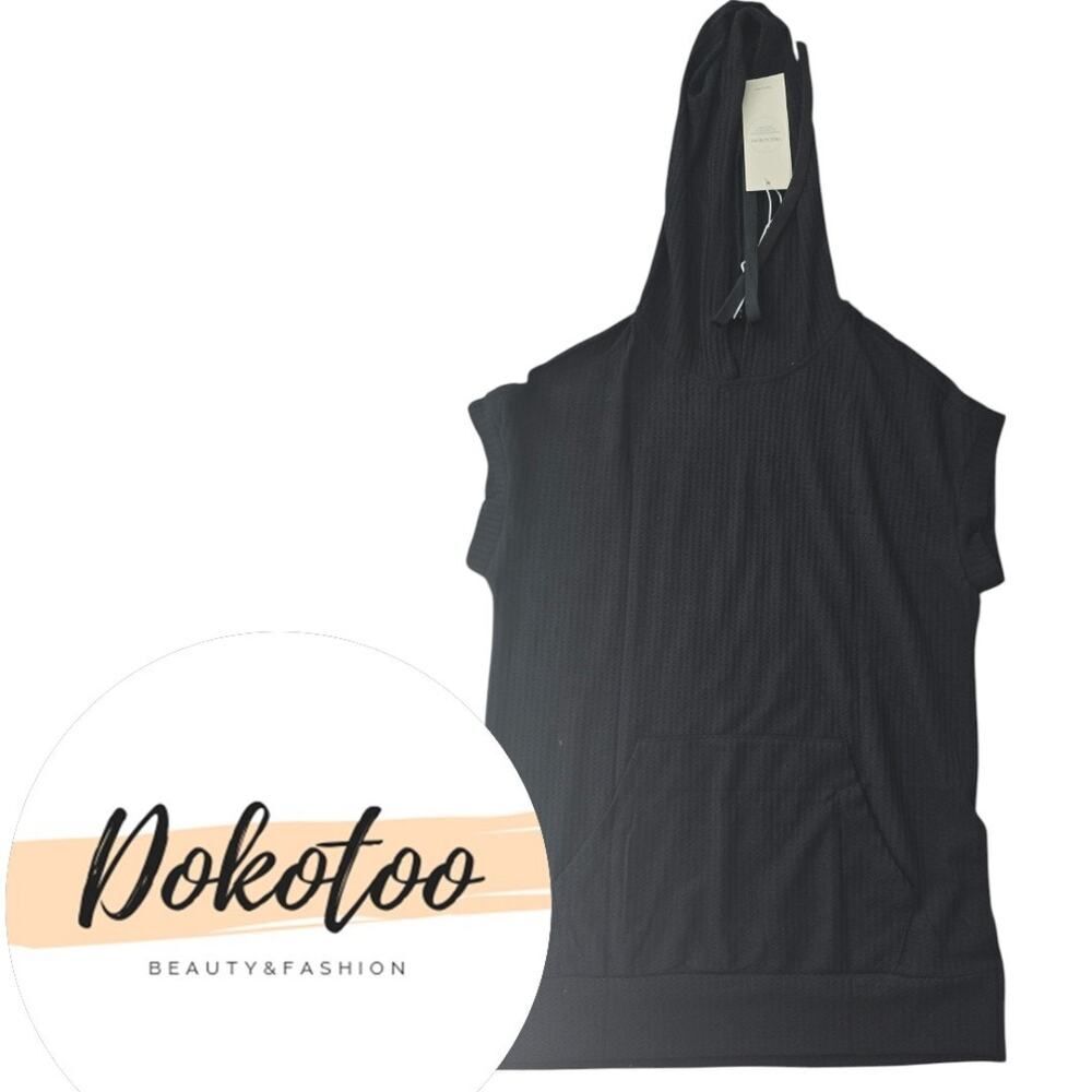 Dokotoo Black Waffle Knit Hoodie Womens Short Sleeve Tunic Top Small NWT